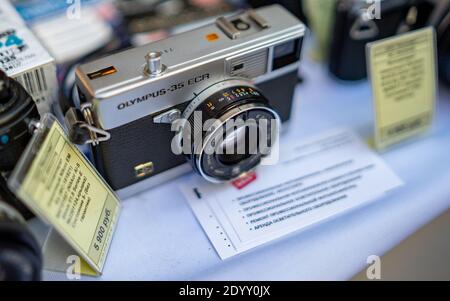 August 18, 2018 Moscow, Russia. Rangefinder camera Olympus 35 ECR on a shop counter. Stock Photo