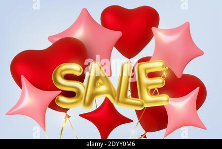 3d realistic balloons golden inscription Sale and hearts, stars shape frame. Vector  Stock Vector