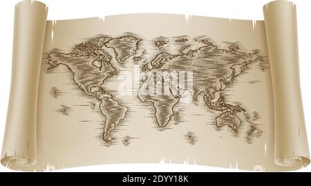 World Map Drawing Old Woodcut Engraved Scroll Stock Vector