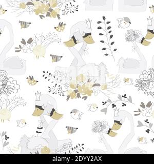 Seamless pattern with couple of swans hugging in flowers Stock Vector