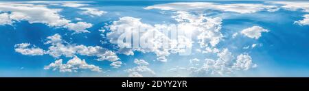 Blue sky with puffy Cumulus clouds Seamless panorama in spherical equirectangular format with zenith for use in 3D graphics, game and for composites Stock Photo