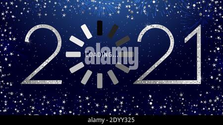 2021 A Happy New Year sign, congrats concept. Shiny numbers. Glittering frame. Abstract isolated graphic design template. Decorative loading spinning Stock Vector
