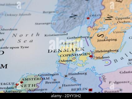 Denmark In Map Of World Denmark Map Stock Photo - Alamy