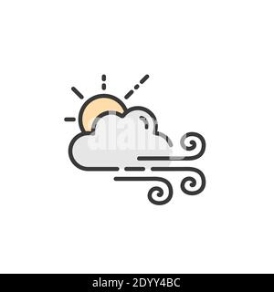 Strong wind, sun and cloud. Filled color icon. Isolated weather vector illustration Stock Vector
