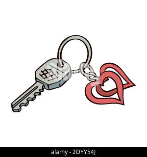 Bunch of keys with a heart shaped keychain. Hand drawn object. Vector isolated illustration on white background. Stock Vector