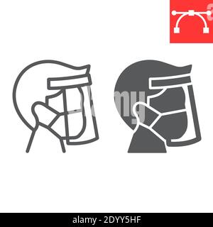 Face shield mask line and glyph icon, protection and covid-19, face mask sign vector graphics, editable stroke linear icon, eps 10. Stock Vector
