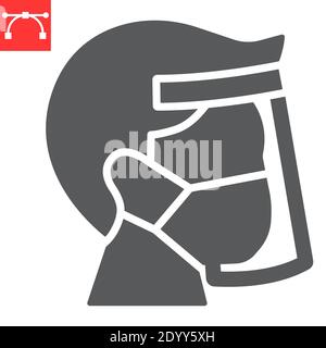 Face shield mask glyph icon, protection and covid-19, face mask sign vector graphics, editable stroke solid icon, eps 10. Stock Vector
