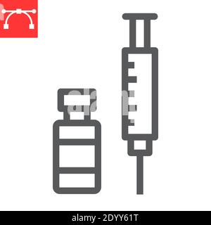 Covid-19 vaccine line icon, coronavirus and syringe, vaccination sign vector graphics, editable stroke linear icon, eps 10. Stock Vector