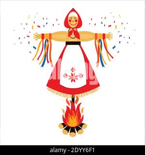 Shrovetide or Maslenitsa. Excellent gift card. Effigy of winter. Russian inscription - Wide Shrovetide. Great Russian holiday. Stock Vector