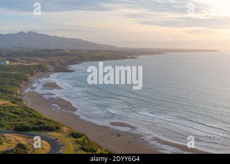 Sunset aerial view of coast of New Zealand from Paritutu rock near New Plymouth Stock Photo