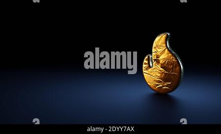 3d rendering symbol of flame wrapped in gold thermal foil plate on dark blue background Stock Photo