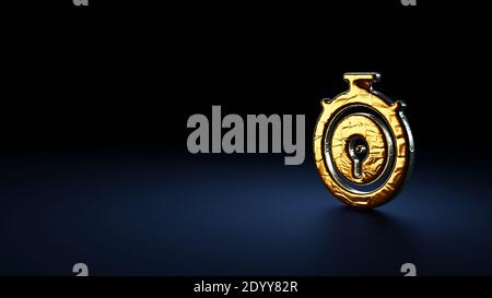 3d rendering symbol of circular chronometer wrapped in gold thermal foil plate on dark blue background Stock Photo