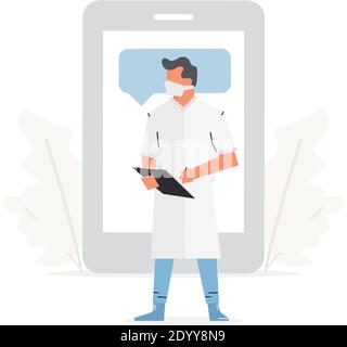 The doctor stands in front of a large phone. Online medical consultation and health app concept vector illustration. Stock Vector