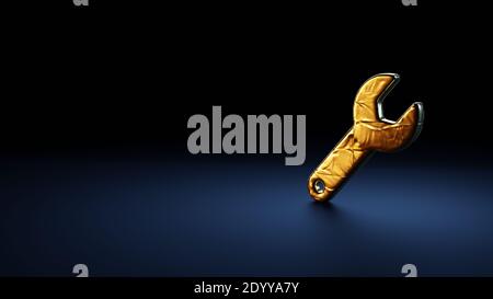 3d rendering symbol of wrench with small hole wrapped in gold thermal foil plate on dark blue background Stock Photo