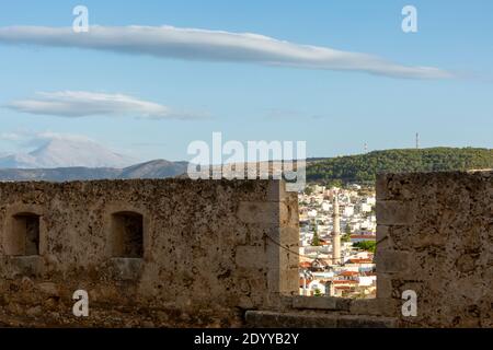 View of the minaret of Neratze Mosque as seen from Fortezza Castle, Rethymno, Crete, Greece Stock Photo