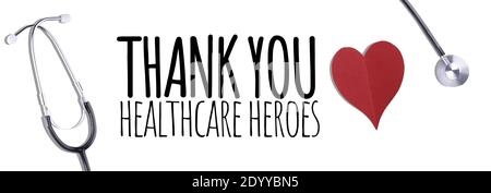 Thank You Medical Staff message with stethoscope and red hearts - Banner Stock Photo