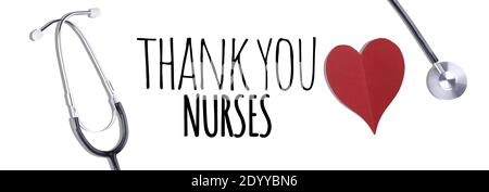 Thank You Medical Staff message with stethoscope and red hearts - Banner Stock Photo