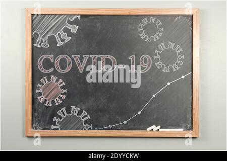 Coronavirus cells illustration drawn on grade school chalkboard with graph line and text spelling the word COVID19 Stock Photo
