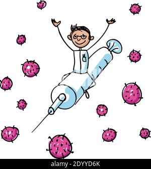 Mass immunisation for the fight against Coronavirus showing a medical expert on a syringe flying through coronaviruses. Hand-drawn Vector illustration Stock Vector