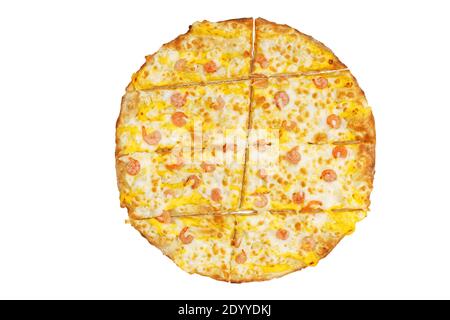 Closeup seafood shrimp pizza isolated on white. Top view. Stock Photo