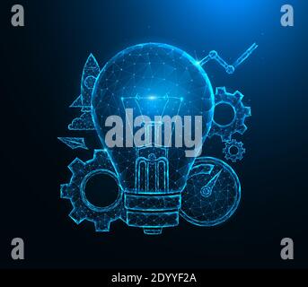 Light bulb low poly art. Light bulb idea, gears, speedometer, rocket and analytics polygonal vector illustrations on a blue background. Stock Vector