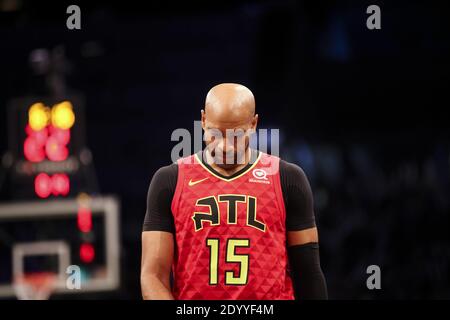 Beijing, China. 9th Jan, 2019. Vince Carter of Atlanta Hawks reacts during the 2018-2019 NBA regular season game between Atlanta Hawks and Brooklyn Nets on Jan. 9, 2019. Five-time Grand Slam winner Maria Sharapova of Russia announced her retirement from professional tennis at 32 on February 26, followed by NBA star Vince Carter (June 25), Chinese badminton icon Lin Dan (July 4), and Spanish goalkeeper Iker Casillas (August 4). Credit: Wang Ying/Xinhua/Alamy Live News Stock Photo