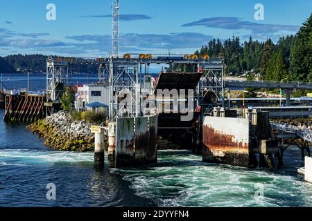 Langdale Ferry terminal of the Sunshine coast of BC, Canada. Pacific ocean borders Western Canada. British Columbia's coastal weather is shaped by the Stock Photo