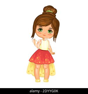 A cute little girl dressed as a princess. Cheerful funny child in a good mood. The isolated object on a white background. Young baby. Cartoon flat Stock Photo