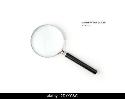 Magnifier with black handle isolated on white background. Stock Photo