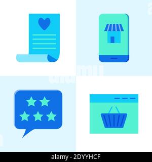 Internet commerce icon set in flat style. Mobile shop, buying online, customer review and wishlist symbols. Vector illustration. Stock Vector