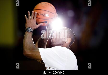 (201228) -- BEIJING, Dec. 28, 2020 (Xinhua) -- NBA basketball player Kobe Bryant of the Los Angeles Lakers shows his shooting skill during an event in Hong Kong, south China, July 24, 2009. On January 26, retired NBA mega Kobe Bryant was killed in a helicopter crash above Calabasas, southern California. The only team he had played for throughout his NBA career, the Los Angeles Lakers, beat the Miami Heat in the Finals to win a record-equaling 17th NBA champions on October 11. On November 25, Argentine football legend Diego Maradona died of a heart attack at his home, aged 60. Maradona particip Stock Photo