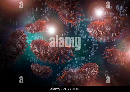 Pink rabies virus microscopic cells with pink background 3D Illustration