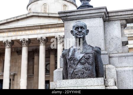 Bronze bust of Andrew Cunningham, 1st Viscount Cunningham of Hyndhope in Trafalgar Square in front of the National Gallery, London, UK