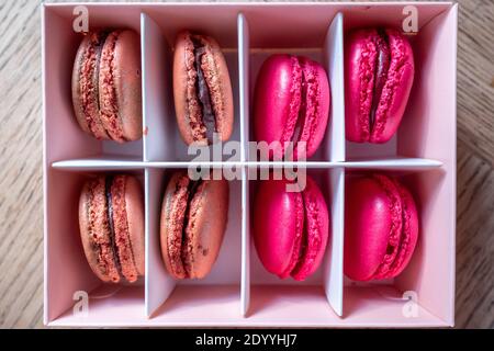 Brighton, December 25th 2020: A packet of freshly-made macaroons in a presentation box Stock Photo