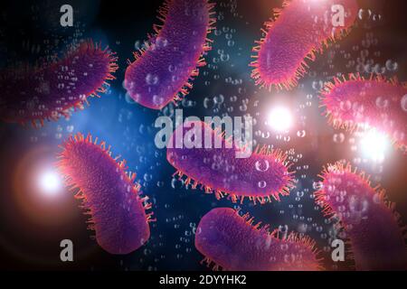 Rabies virus microscopic cells with pink background 3D Illustration
