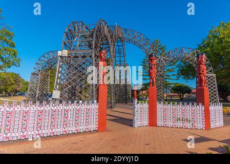 Maori designed entrance to government gardens at Rotorua, New Zealand Stock Photo