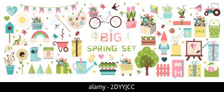 Big spring set. Vector garden tools, flowers. Flat design. Cute icons for a website, app, sale, or ad. Birds, plants, insects and Easter items Stock Vector