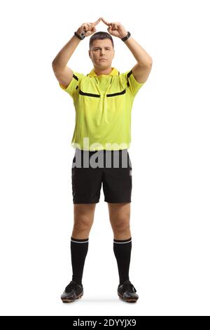 Full length portrait of football referee gesturing a VAR symbol isolated on white background Stock Photo