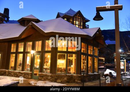 Stowe Mountain Ski Resort in Vermont, Spruce peak village at night,  hi-resolution image Stock Photo