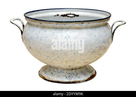 Very old enameled empty soup bowl, isolated on white background Stock Photo