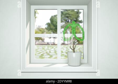 Small plant in pot on window as a plant shaped lung at sunny day. Healthcare. 3d illustration