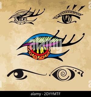 vector set of colorful isolated icons of different eyes on the background of papyrus Stock Vector