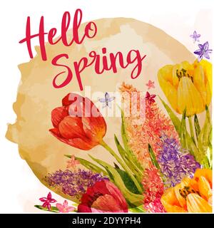 Hello Spring season Easterhand drawn lettering and Tulip, Spring is coming illustration vector on white background isolated Stock Vector