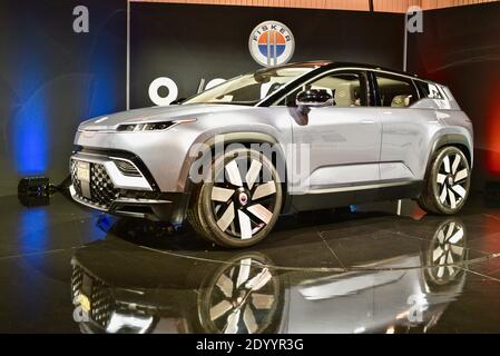 All-electric Fisker Automotive Ocean crossover vehicle, with solar panels on roof, on display at CES world's largest trade show Las Vegas, NV, USA Stock Photo