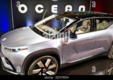 All-electric Fisker Automotive Ocean crossover vehicle, with solar panels on roof, on display at CES world's largest trade show Las Vegas, NV, USA Stock Photo