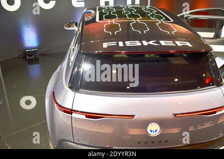 All-electric Fisker Automotive Ocean crossover vehicle, with solar panels on roof, on display at CES world's largest trade show Las Vegas, NV, USA Stock Photo