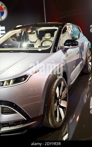 All-electric Fisker Automotive Ocean crossover vehicle, with solar panels on roof, on display at CES world's largest trade show Las Vegas, NV, USA Stock Photo