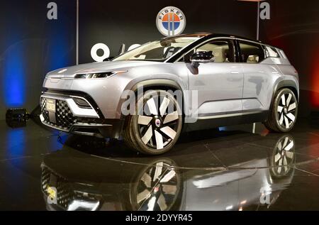 All-electric Fisker Automotive Ocean crossover vehicle, with solar panels on roof, on display at CES world's largest trade show Las Vegas, NV, USA Stock Photo