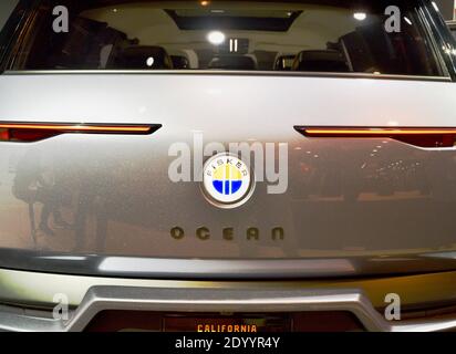 All-electric Fisker Automotive Ocean crossover vehicle, with solar panels on roof, on display at CES world's largest trade show Las Vegas, NV, USA Stock Photo