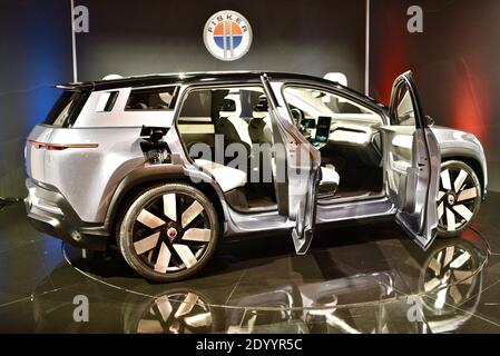 All-electric Fisker Automotive Ocean crossover vehicle, with solar panels on roof, on display at CES world's largest trade show Las Vegas, NV, USA Stock Photo